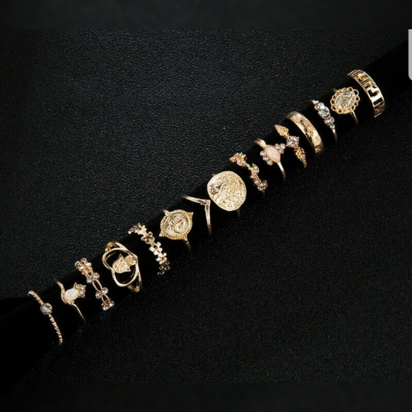 15 piece gold boho stackable opal, cubic zirconia ring set - Picture 4 of 4